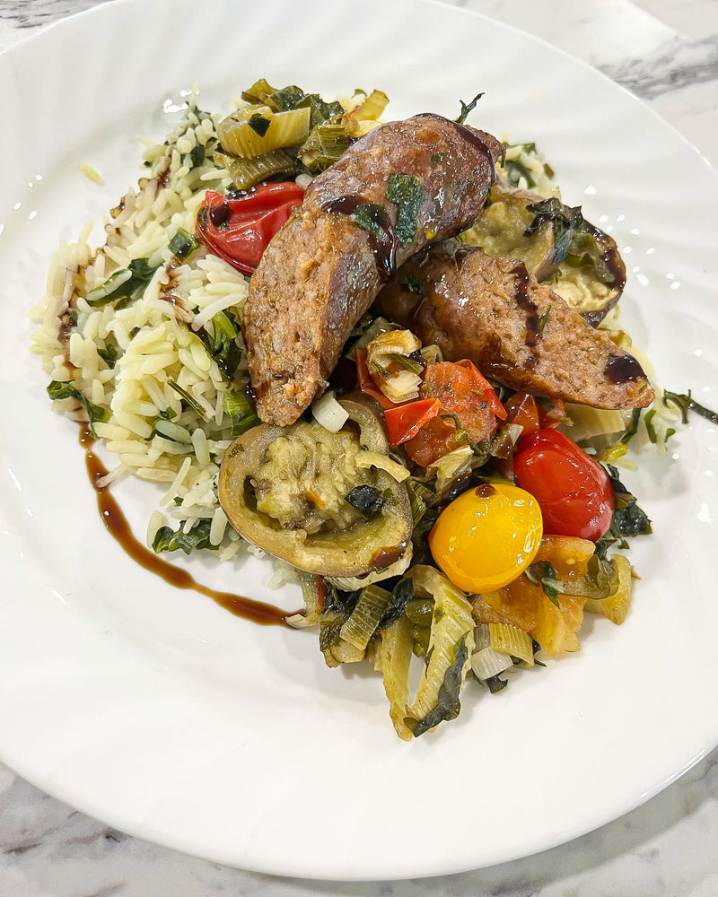Deconstructed Ratatouille with Sausage over Rice